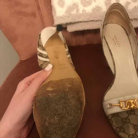 Size 8.5 Gucci logo / white horsebit open toe heel - Picture 5 of 5